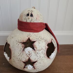 Hand Painted Gourd Snowman Folk Art Luminary Signed Primitive Decor